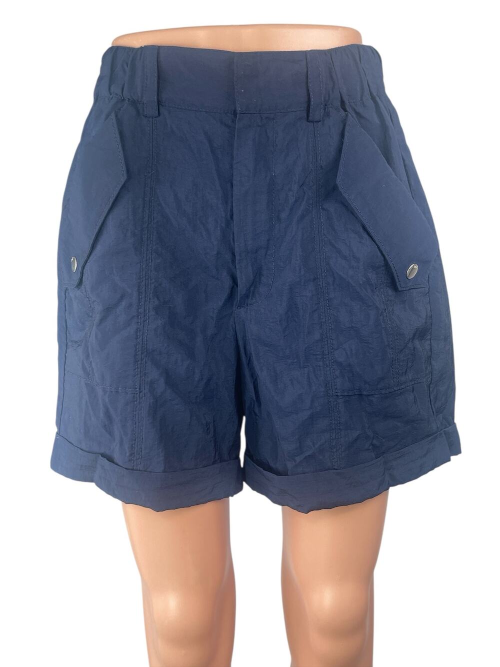 Cinq a Sept Navy Blue Cuffed Hem High Rise Wide Leg Utility Cargo Shorts Size S